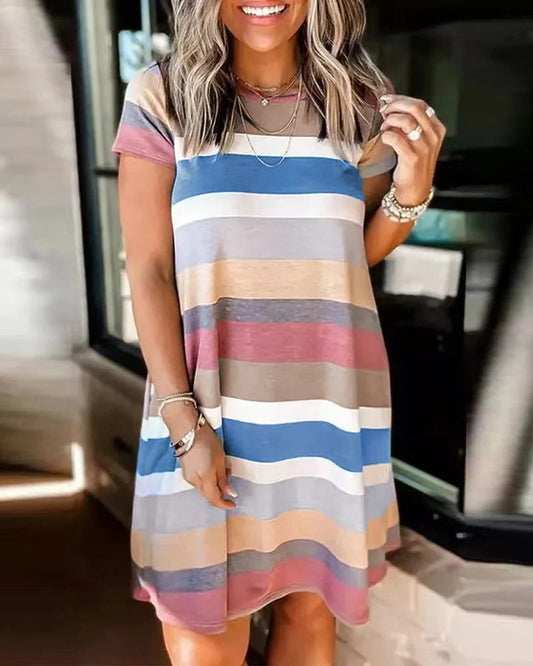 Robe femme casual – Coupe droite fluide – Maille douce – Manches courtes – Genou