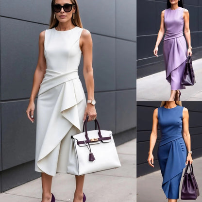 Robe fourreau femme – Coupe ajustée – Drapé asymétrique – Sans manches élégante