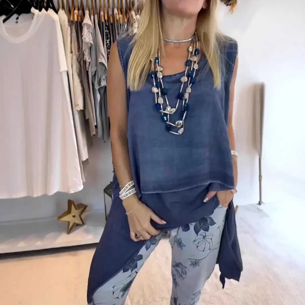 Top long femme – Coupe décontractée – Sans manches – Ourlet asymétrique