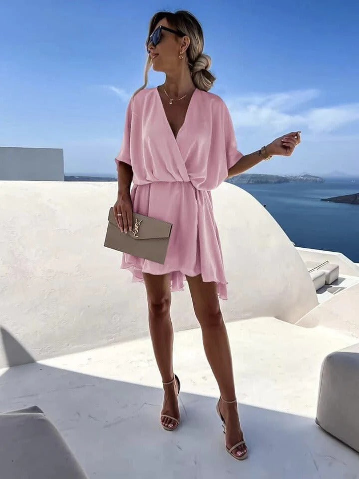 Robe portefeuille femme – Coupe décontractée – Encolure en V – Ourlet volanté – Tissu léger