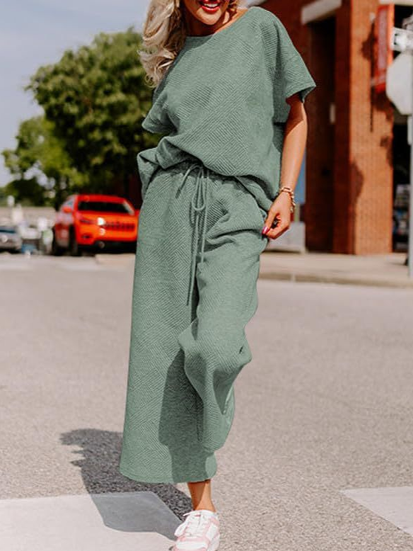 Ensemble Femme Décontracté – Maille Douce – Haut Ample Manche Courte – Pantalon Large