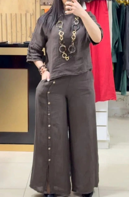 Ensemble Femme – Haut Linnen Coupe Ample – Pantalon Large à Boutons Décoratifs