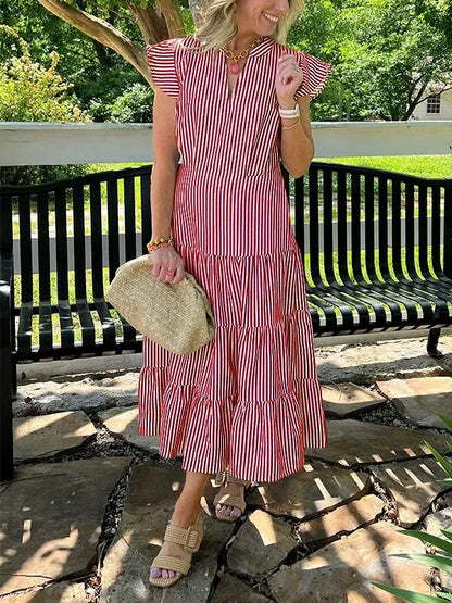 Robe midi femme – coton – coupe fluide – manches volantes – rayures – col V
