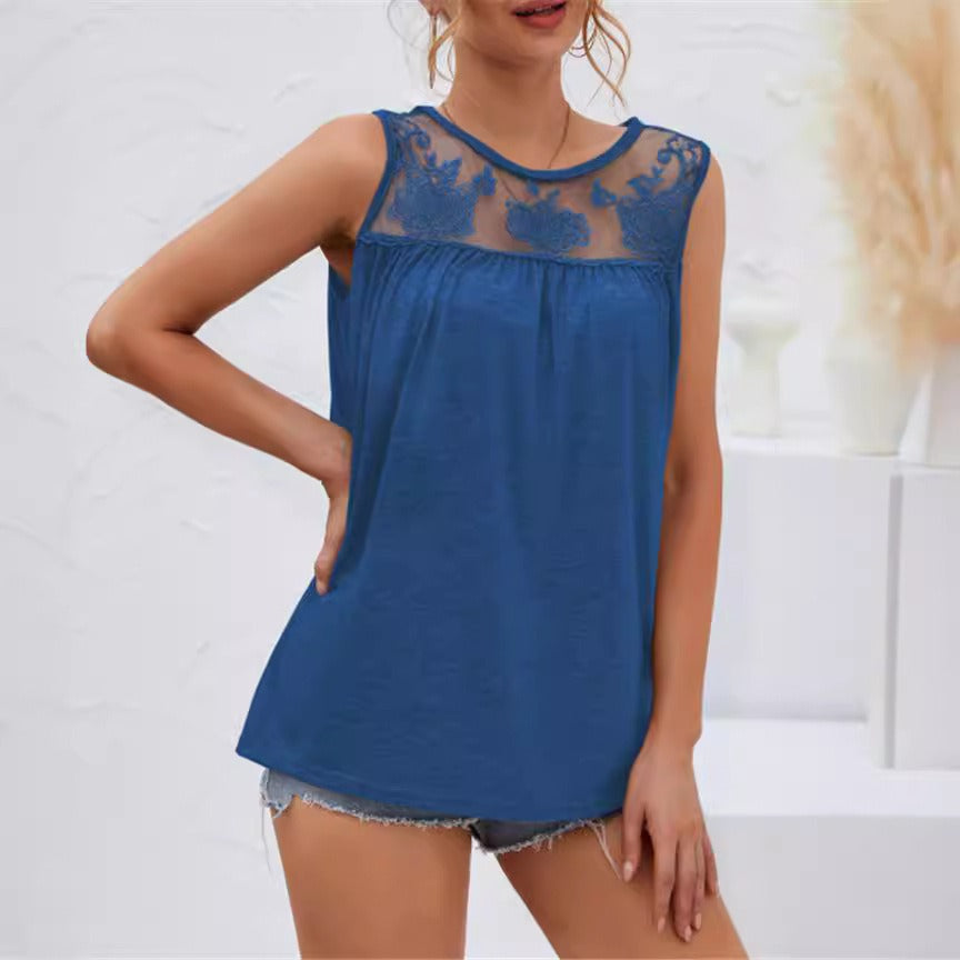 Top sans manches femme – Coupe ample – Dentelle florale – Coton
