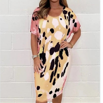 Robe midi femme – Coupe décontractée – Imprimé aquarelle – Manches courtes