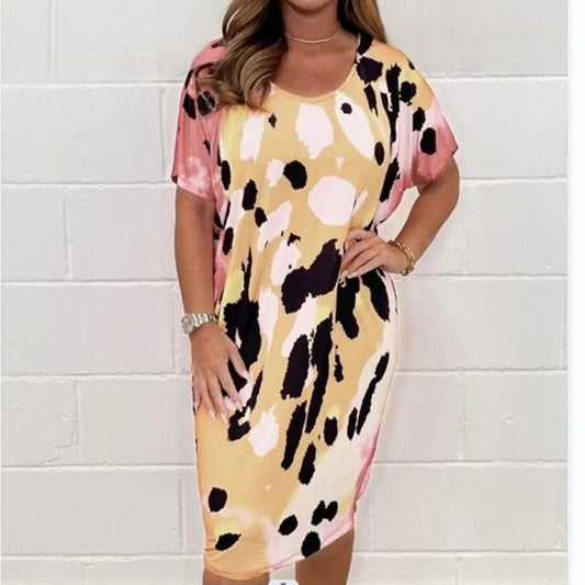 Robe midi femme – Coupe décontractée – Imprimé aquarelle – Manches courtes