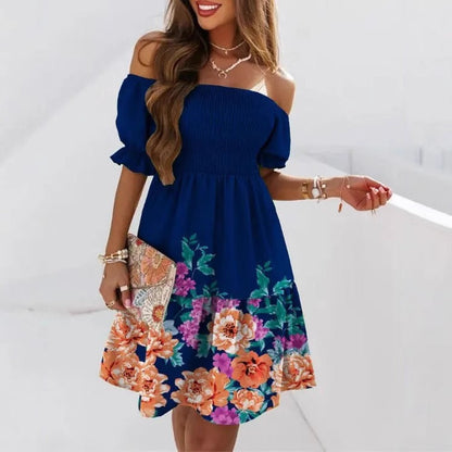 Robe midi femme – Épaule dénudée – Taille plissée – Imprimé bas – Coupe évasée