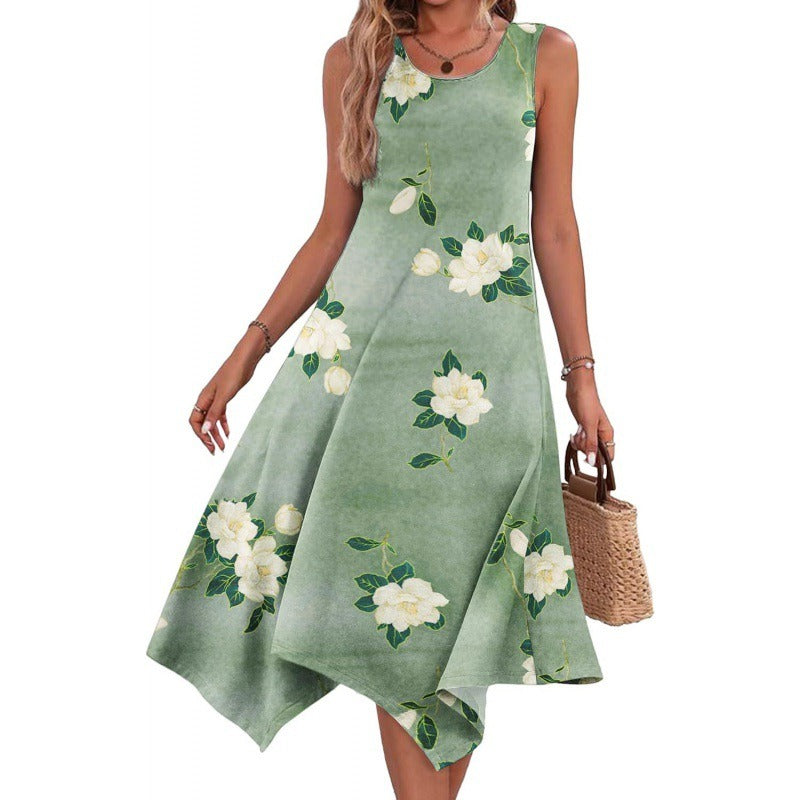 Robe midi femme – Coupe évasée sans manches – Imprimé abstrait – Ourlet asymétrique