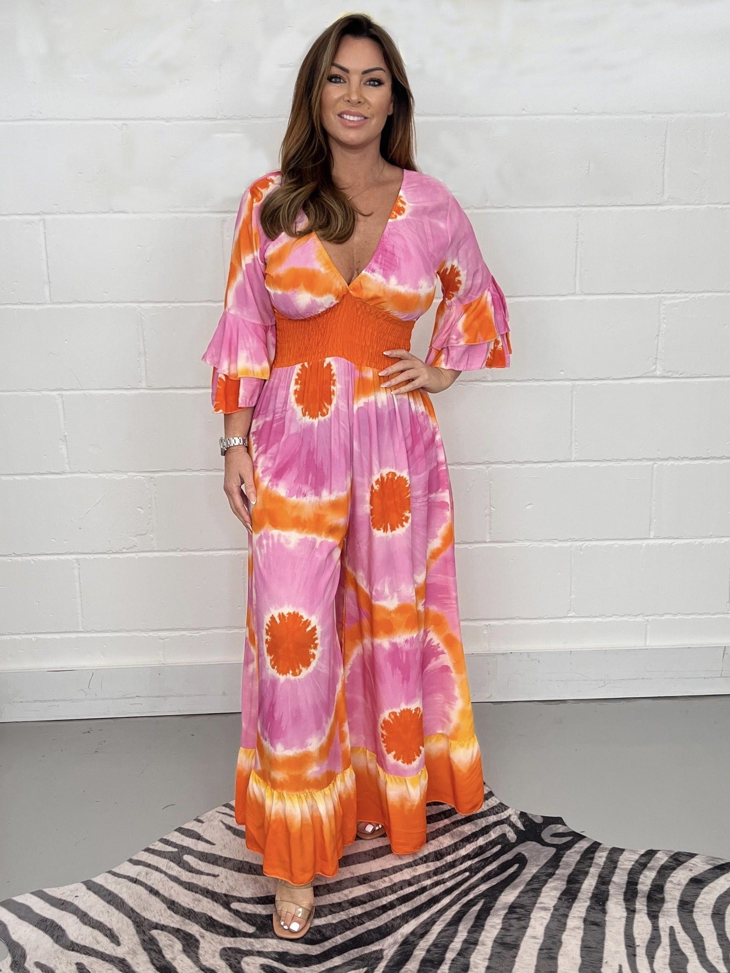 Combinaison femme – Coupe décontractée – Imprimé tie-dye – Jambes évasées – Manches cloches