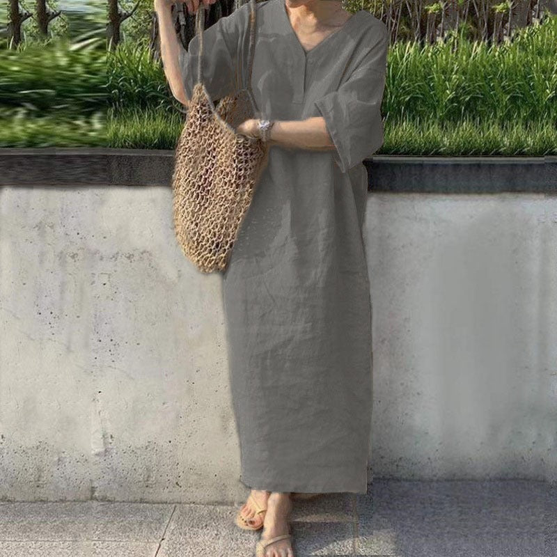Robe longue femme – Lin et coton – Coupe ample – Manches courtes – Col en V