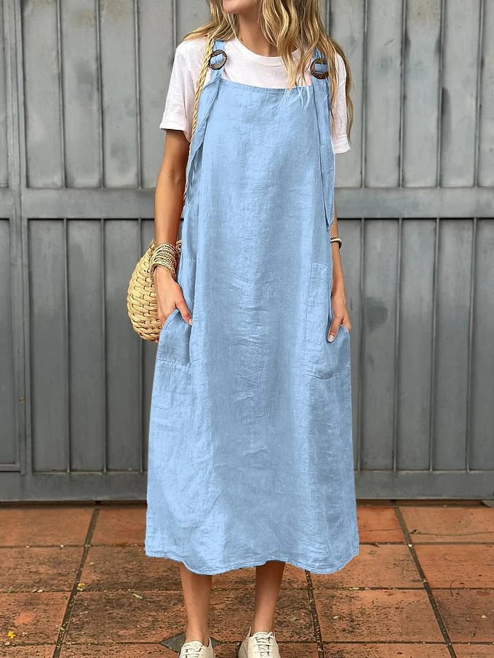 Robe femme – Lin léger – Coupe décontractée – Bretelles réglables – Longueur midi – Poches avant
