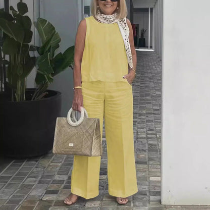 Ensemble Femme Deux Pièces – Lin et Coton – Coupe Ample – Top Sans Manches – Pantalon Large