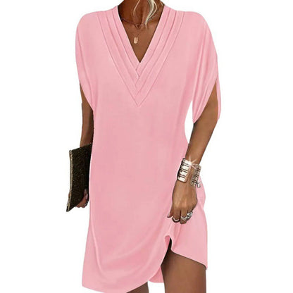 Robe courte femme – Col V plissé – Manches chauve-souris