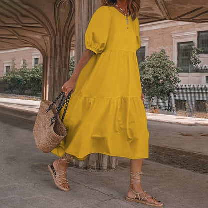 Robe midi femme – Coupe évasée fluide – Coton – Manches bouffantes – Encolure en V