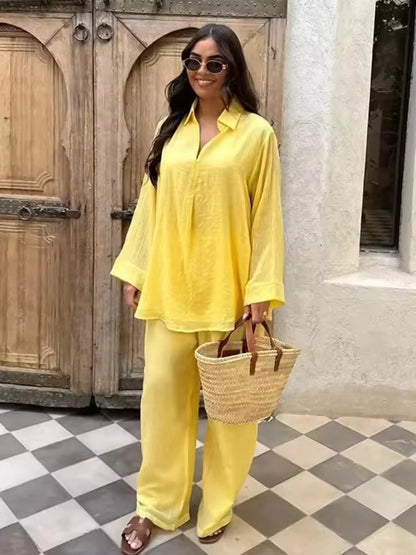 Ensemble Deux Pièces Femme – Blouse Col Revers – Pantalon Large – Lin Coton Doux