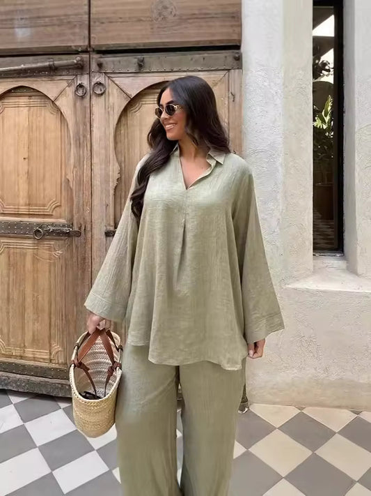 Ensemble Deux Pièces Femme – Blouse Col Revers – Pantalon Large – Lin Coton Doux