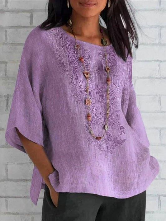 Blouse femme – Coupe décontractée – Manches courtes – Devant brodé – Fibres naturelles