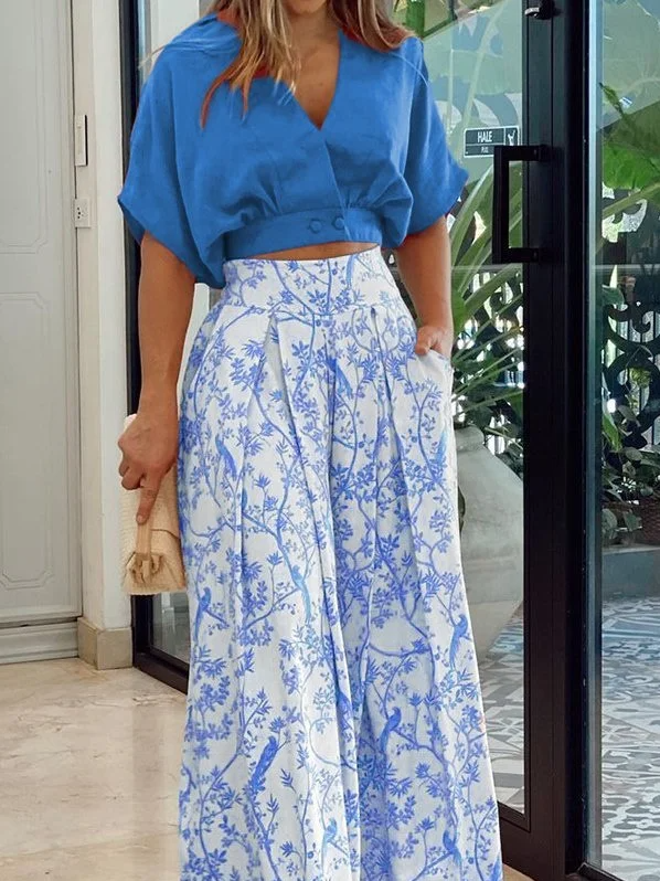 Ensemble Femme Deux Pièces – Haut Court Manches Chauve-Souris – Pantalon Taille Haute Ample – Tissu Respirant