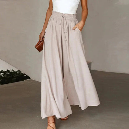 Pantalon femme large – Taille haute – Coton respirant – Ceinture élastique à lien