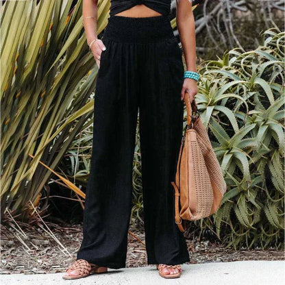Pantalon large femme – Taille haute – Lin respirant – Coupe ample fluide