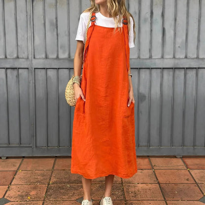 Robe femme – Lin léger – Coupe décontractée – Bretelles réglables – Longueur midi – Poches avant