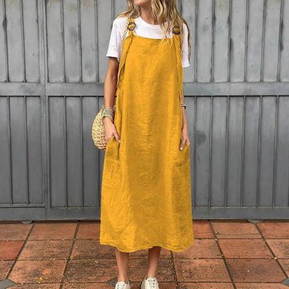 Robe femme – Lin léger – Coupe décontractée – Bretelles réglables – Longueur midi – Poches avant