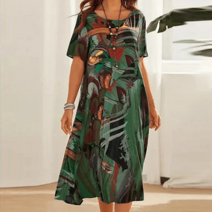 Robe midi femme – Coupe décontractée – Coton  – Manches courtes – Imprimé abstrait