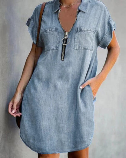 Robe femme en jean – Coupe décontractée – Manches courtes – Fermeture zippée – Poches utilitaires