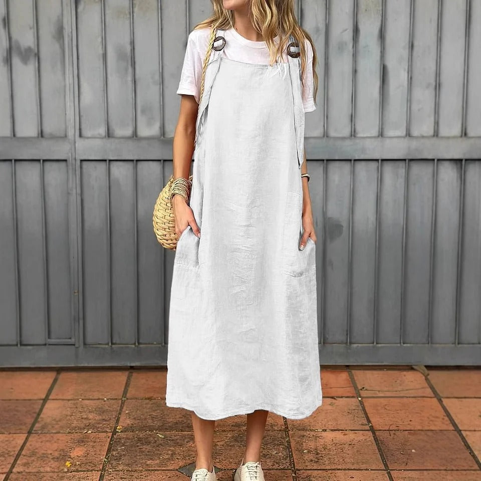 Robe femme – Lin léger – Coupe décontractée – Bretelles réglables – Longueur midi – Poches avant
