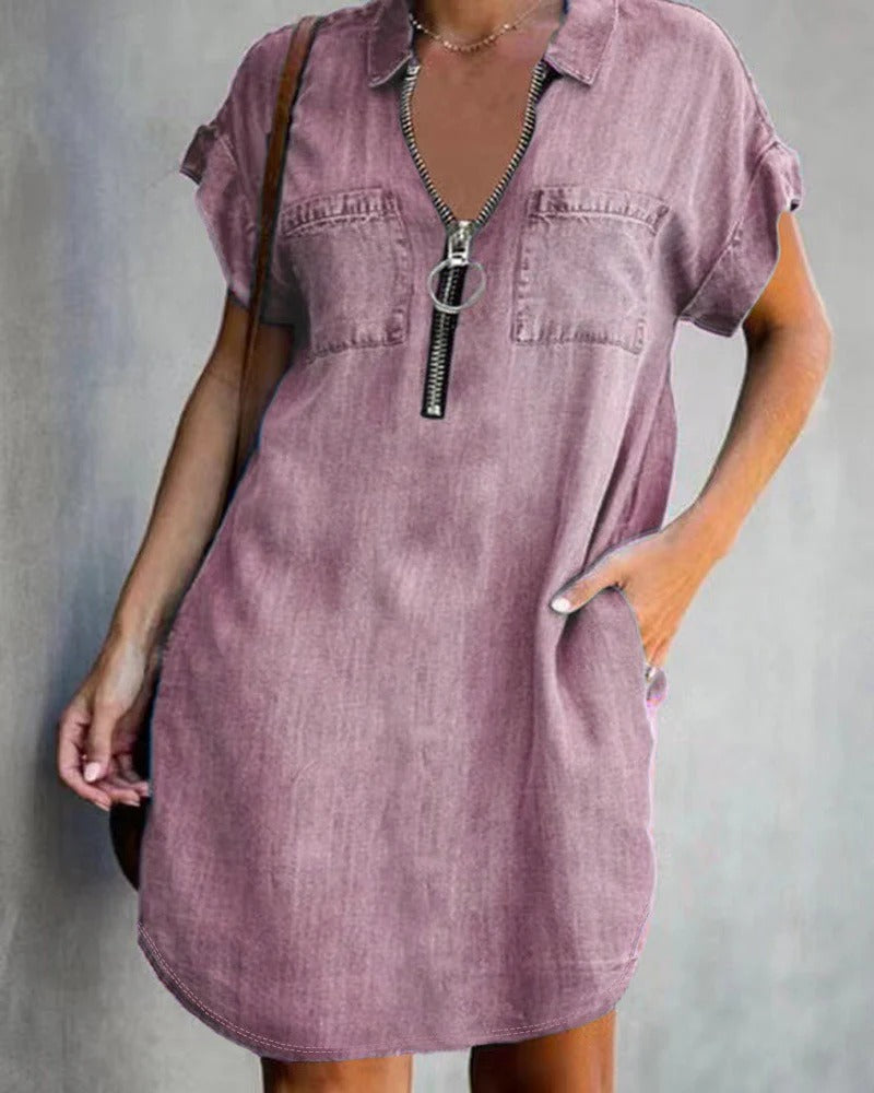 Robe femme en jean – Coupe décontractée – Manches courtes – Fermeture zippée – Poches utilitaires