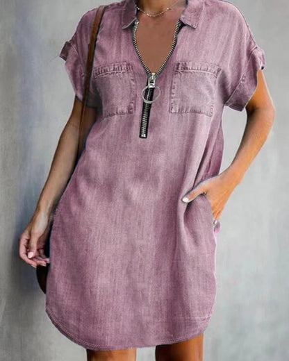 Robe femme en jean – Coupe décontractée – Manches courtes – Fermeture zippée – Poches utilitaires