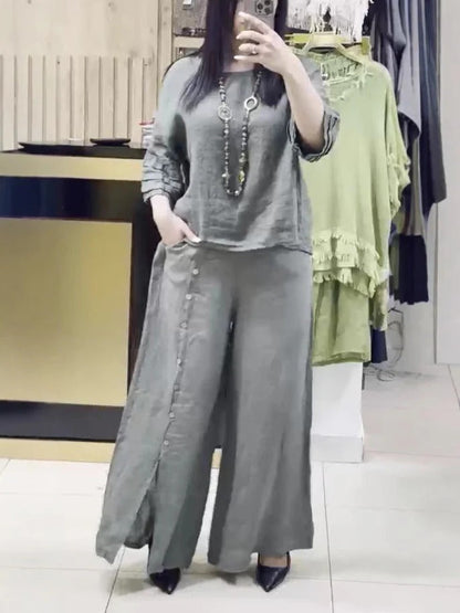 Ensemble Femme – Haut Linnen Coupe Ample – Pantalon Large à Boutons Décoratifs