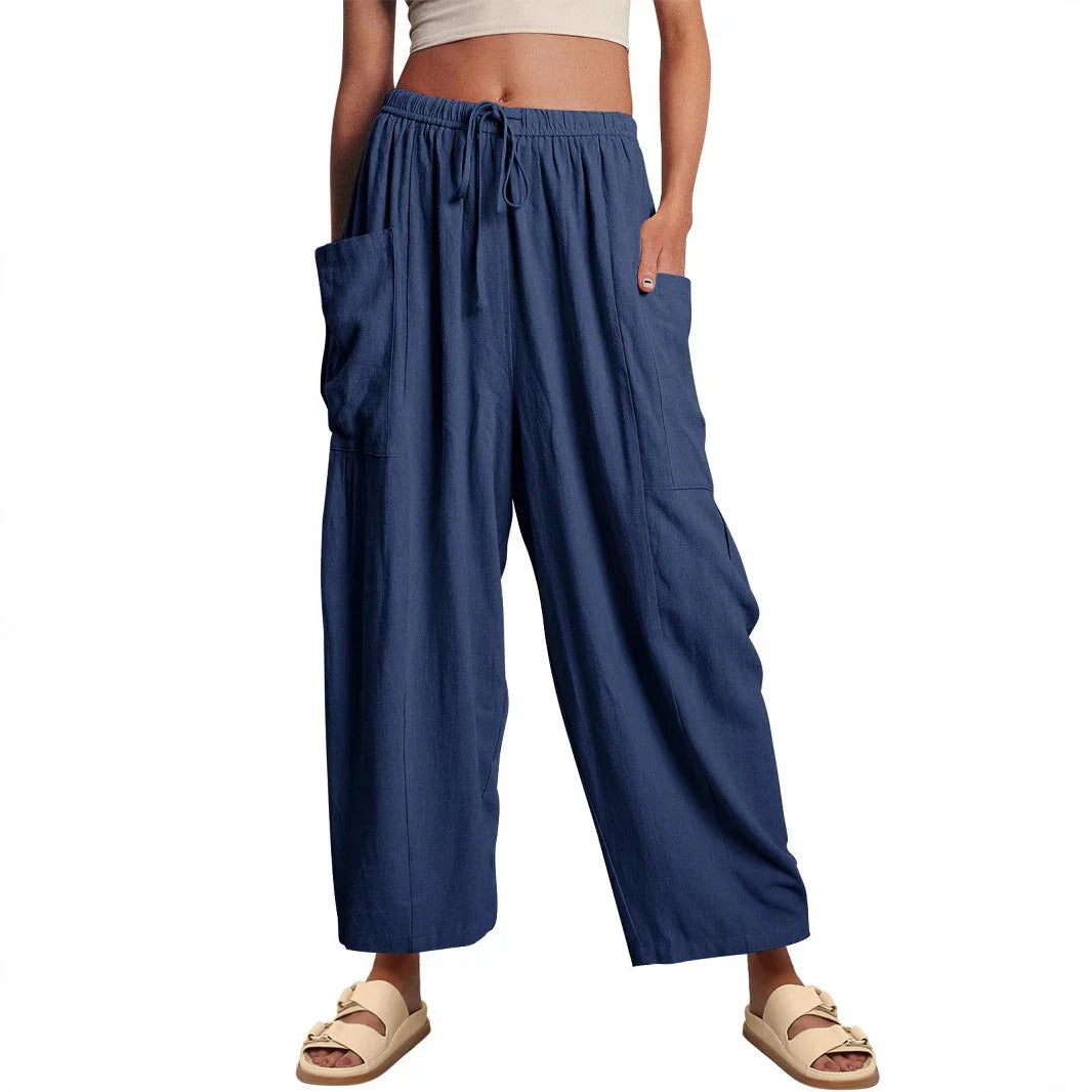 Pantalon femme – Coupe ample – Coton respirant – Taille cordon – Longueur totale