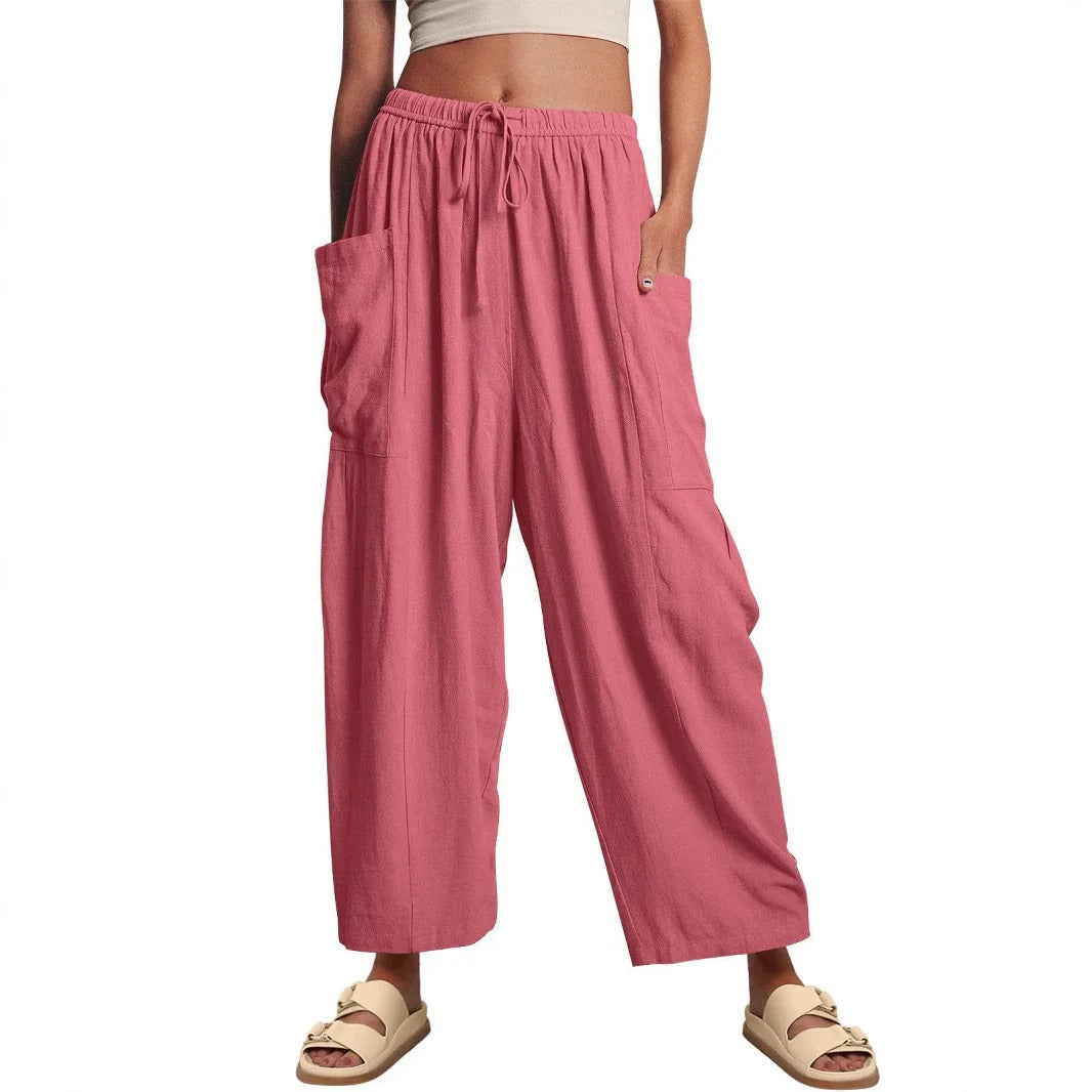 Pantalon femme – Coupe ample – Coton respirant – Taille cordon – Longueur totale