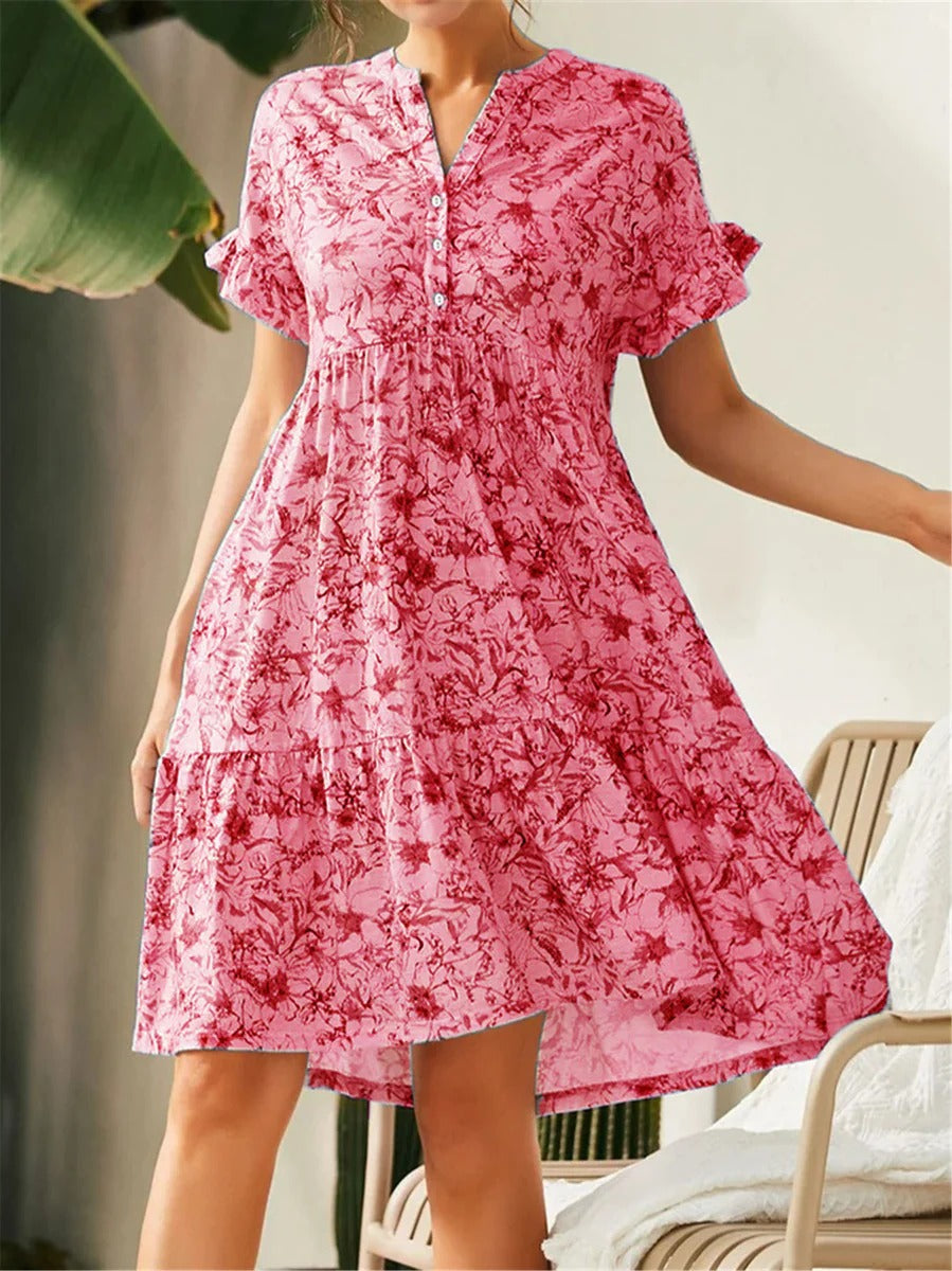 Robe femme évasée – Encolure en V – Manches volantées – Imprimé fleuri – Jupe à volants