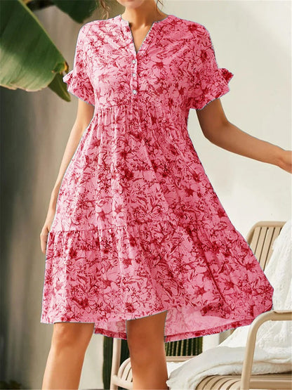 Robe femme évasée – Encolure en V – Manches volantées – Imprimé fleuri – Jupe à volants