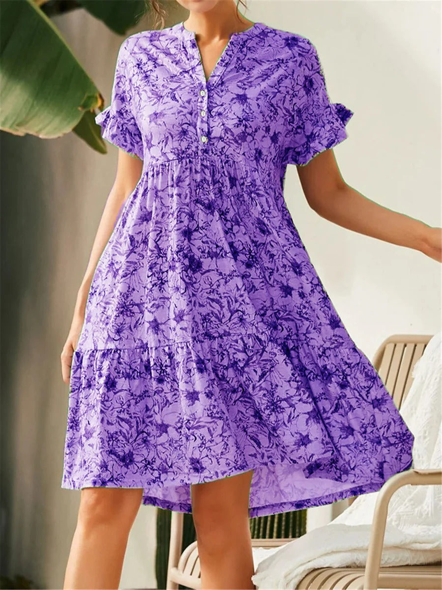 Robe femme évasée – Encolure en V – Manches volantées – Imprimé fleuri – Jupe à volants