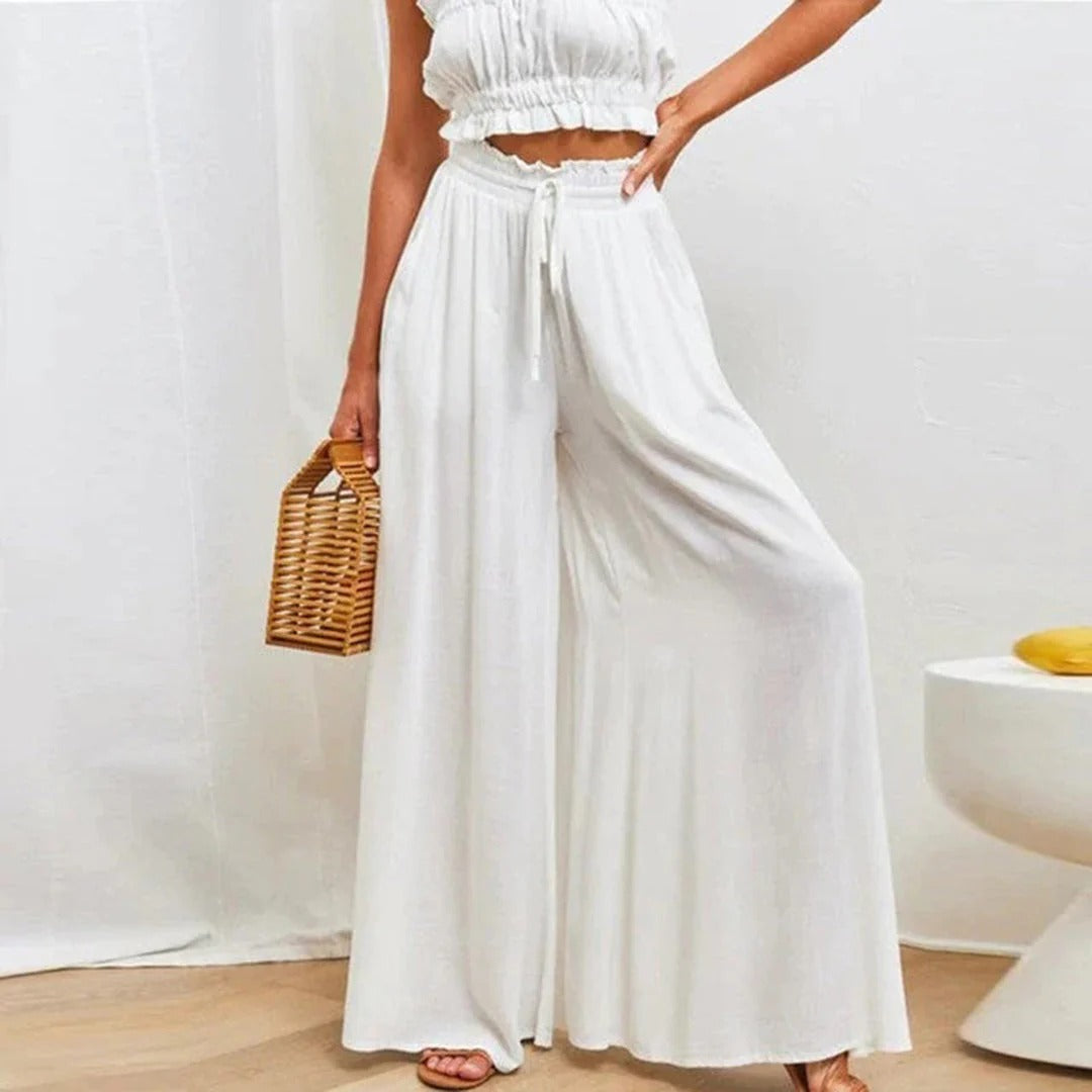 Pantalon femme large – Taille haute – Coton respirant – Ceinture élastique à lien