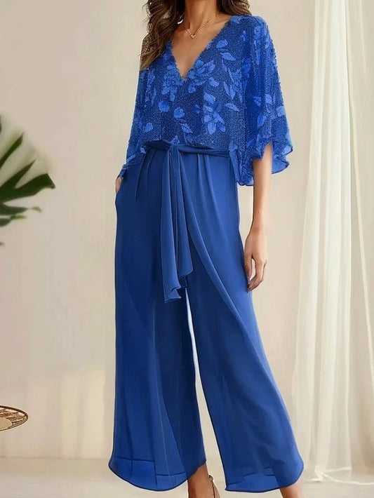 Ensemble Femme Deux Pièces – Haut Fluide Col V – Pantalon Large Taille Nouée – Tissu Respirant