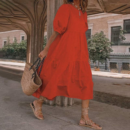 Robe midi femme – Coupe évasée fluide – Coton – Manches bouffantes – Encolure en V