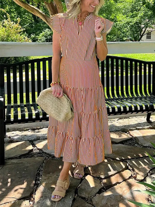 Robe midi femme – coton – coupe fluide – manches volantes – rayures – col V
