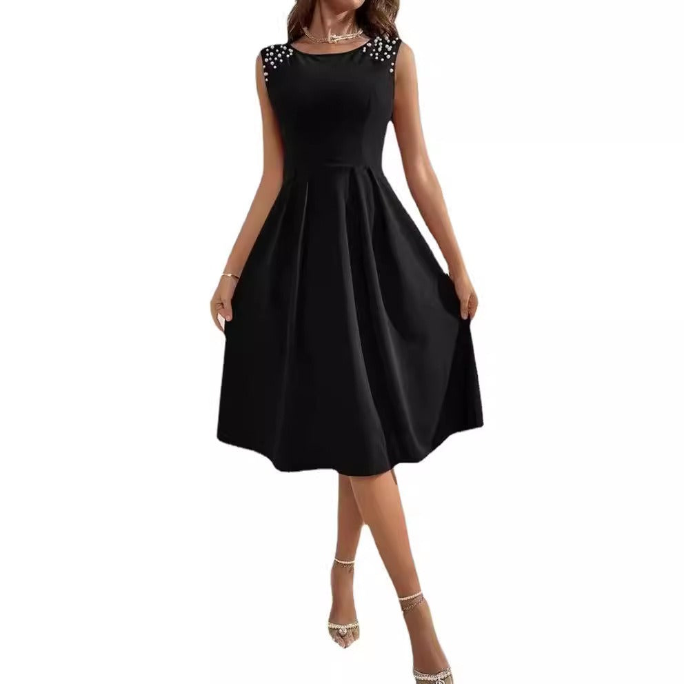 Robe midi femme – Taille cintrée – Coupe évasée – Épaules ornées de perles