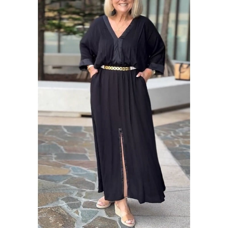 Robe longue femme – Décolleté en V – Fente frontale – Manches longues – Taille ceinturée