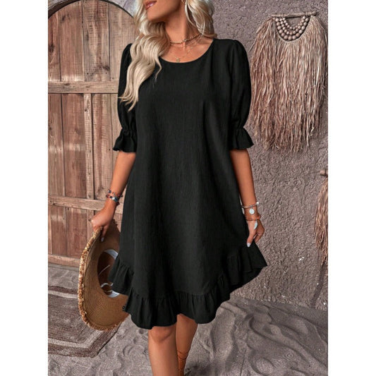Robe femme évasée – Lin et coton – Coupe ample – Manches mi-longues volantées