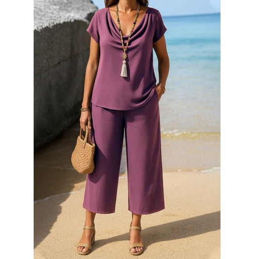Ensemble Femme Deux Pièces – Haut Col Dégagé Manches Courtes – Pantalon Large Capri