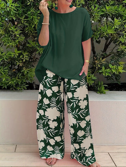 Ensemble pantalon pour femme – Haut coupe décontractée – Pantalon large – Imprimé floral