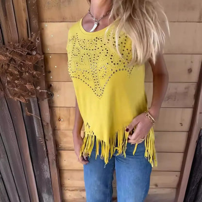 T-shirt femme – Coupe décontractée – Détail découpé poitrine – Ourlet à franges – Coton