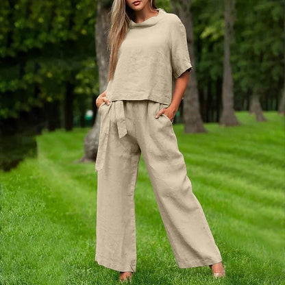 Ensemble Deux Pièces Femme – Coton – Haut Manches Courtes – Pantalon Large Ceinturé