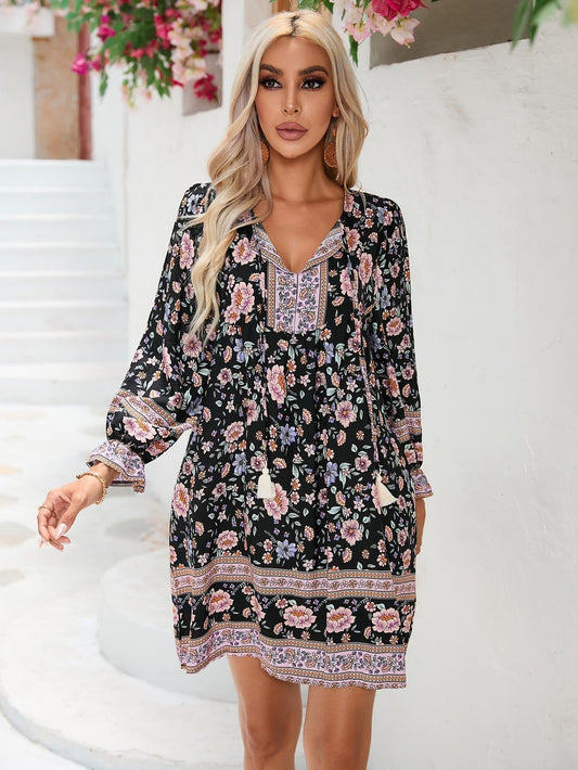 Robe femme – Coupe évasée – Coton – Manches longues – Col en V fleuri