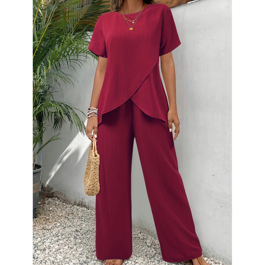 Ensemble Femme Deux Pièces – Haut Asymétrique Manche Courte – Pantalon Large